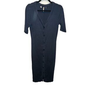 Navy Blue Ribbed Button-Front Midi Dress | Short Sleeve V-Neck Fitted Casual Y2K